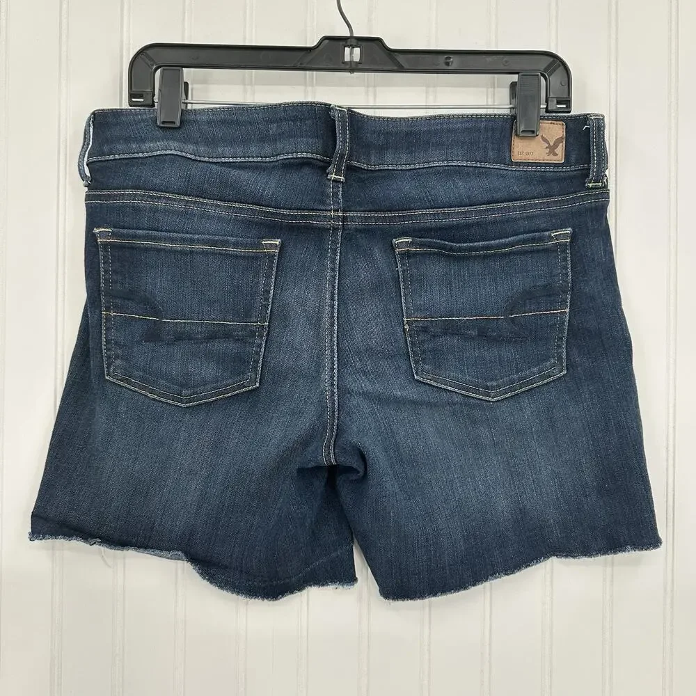 American Eagle Shorts Womens 12 Midi Blue Jean Denim Super Stretch Cut Off Fray